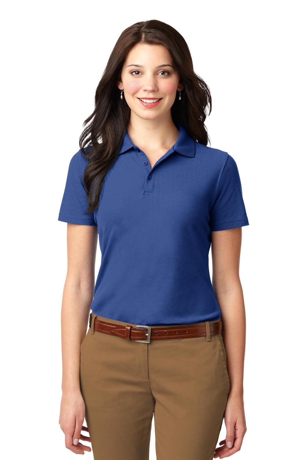 A blue polo shirt for ladies, featuring a collar and short sleeves, with a logo on the chest.