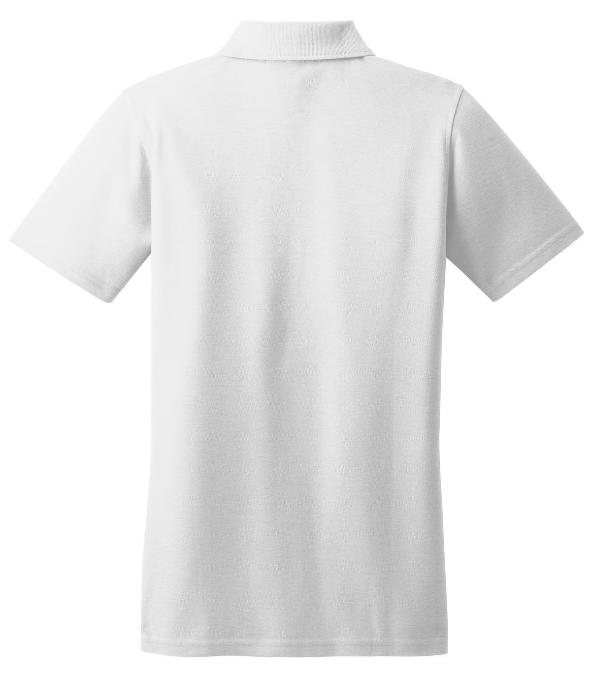 A plain white polo shirt with short sleeves, featuring a collar and a branded logo.