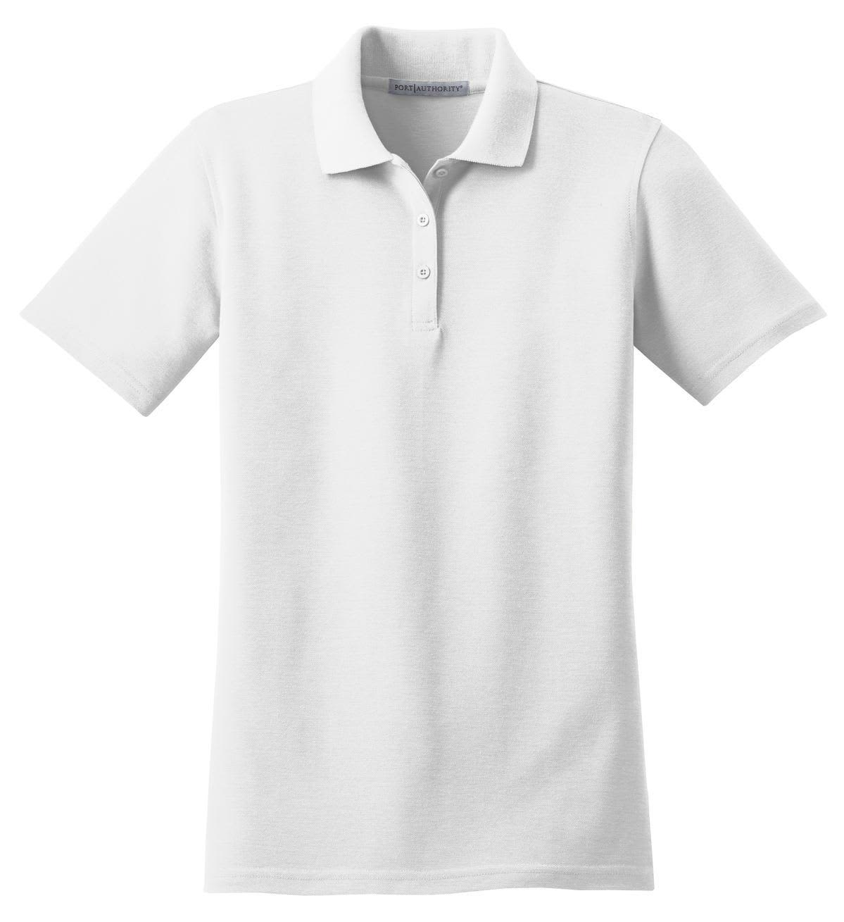 A white stain-resistant polo shirt with a collared neckline and short sleeves, featuring a logo.
