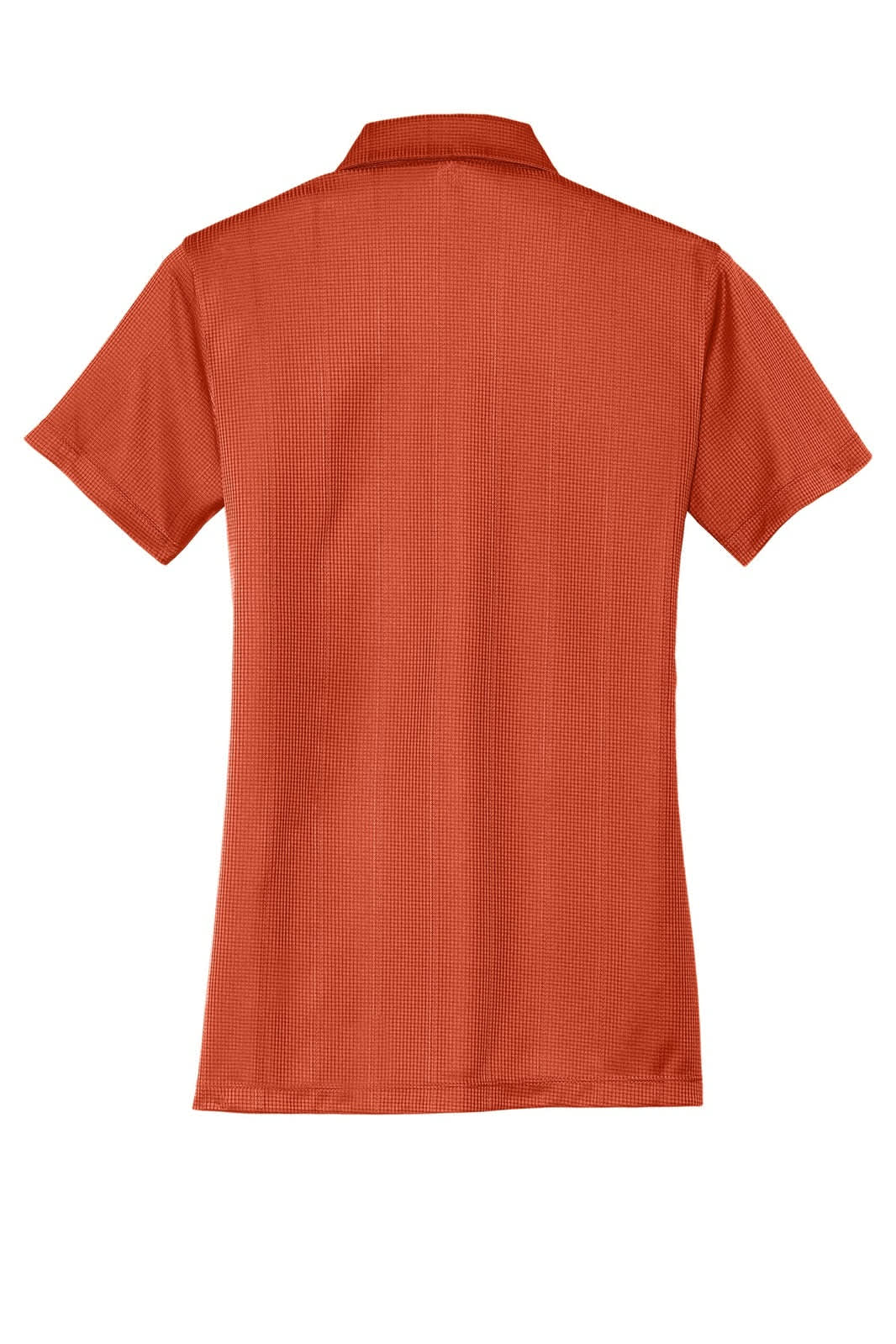 A women's short-sleeved polo shirt in orange with a textured jacquard pattern and a collar, featuring a branding logo.
