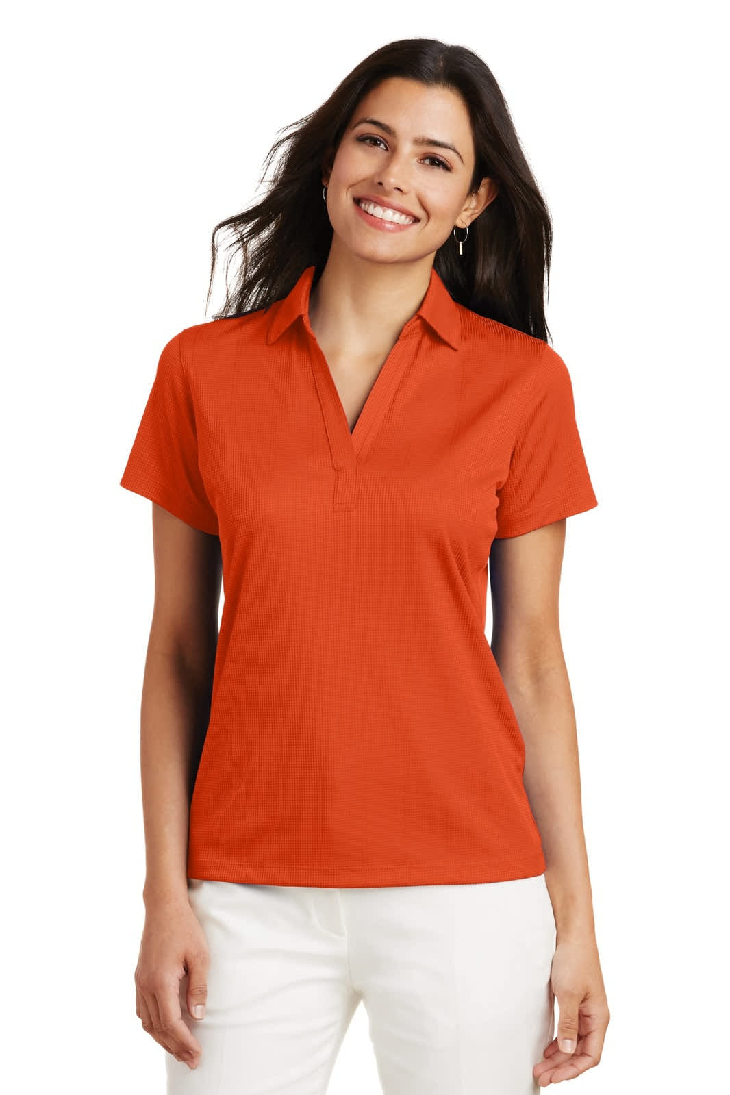 A vibrant orange ladies' polo shirt with a collar, featuring a logo and short sleeves.