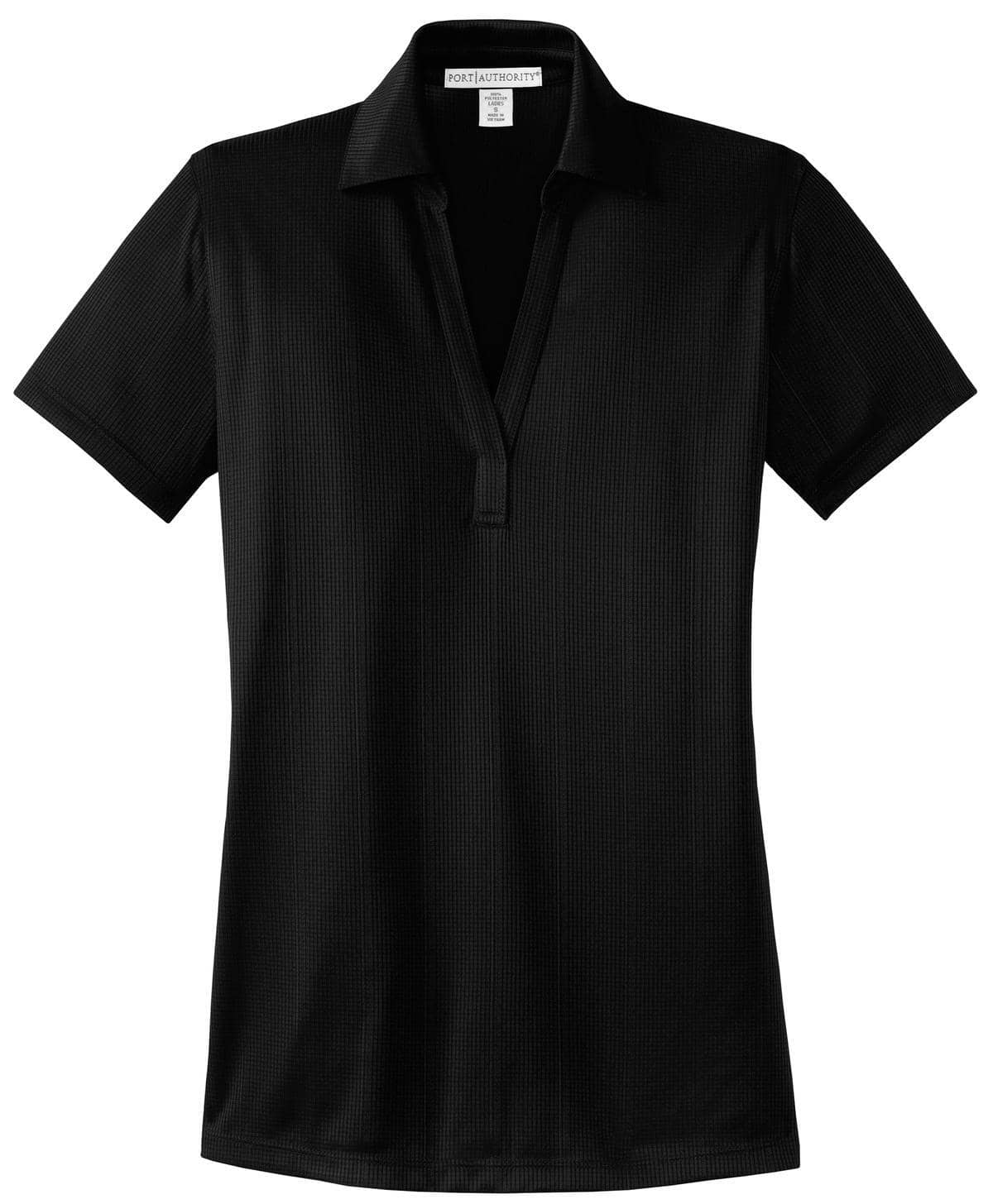 A black ladies' performance fine jacquard polo shirt with a collar and a logo.