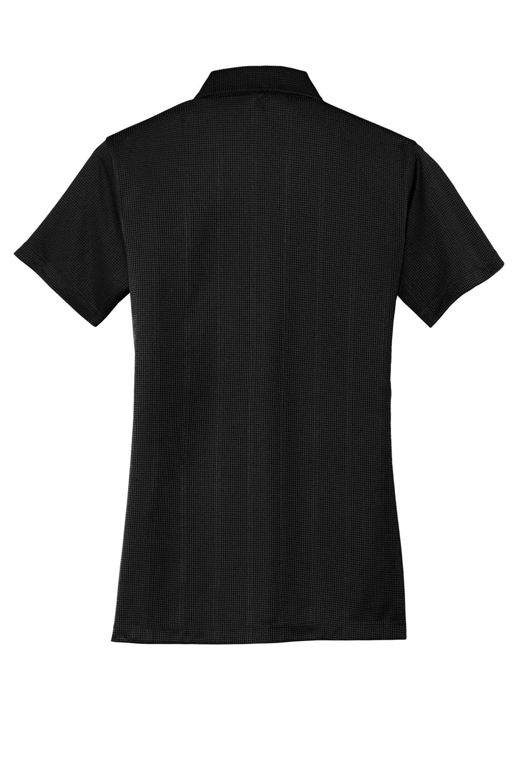 A black ladies' performance fine jacquard polo shirt featuring a subtle textured pattern and a collar.