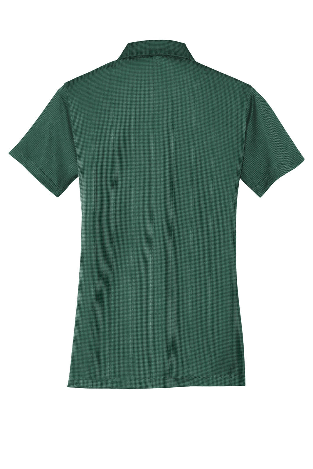 A green Port Authority ladies performance fine jacquard polo shirt featuring short sleeves and a collar on the back.