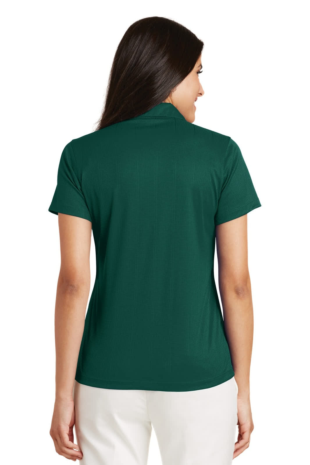 A green ladies' polo shirt with a fine jacquard texture, featuring a branding logo on the back.