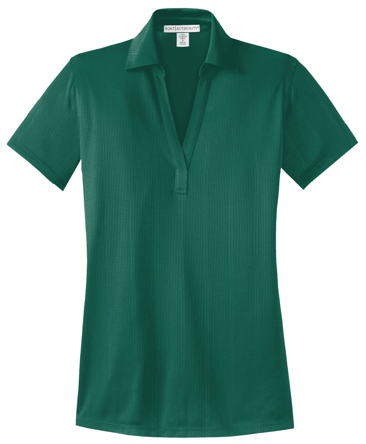 A green ladies' polo shirt with a fine jacquard texture and a collar, featuring a logo on the branding tag.