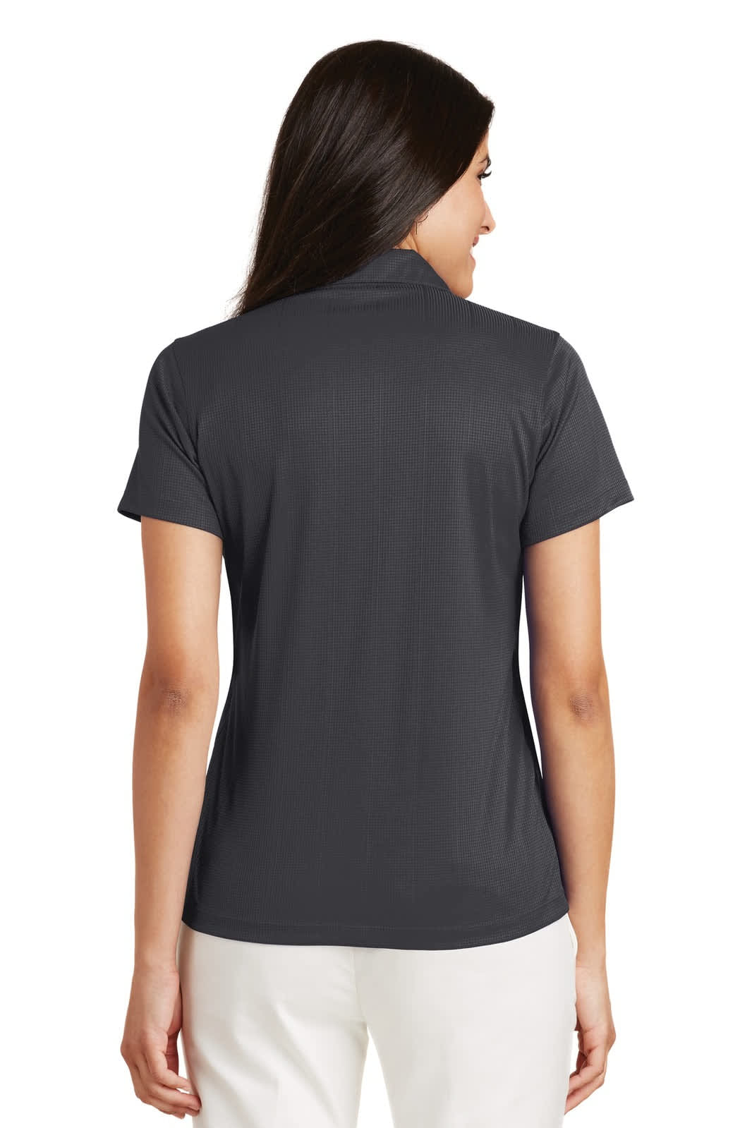 A ladies' performance fine jacquard polo shirt in dark grey, featuring short sleeves and a collar, with a logo.