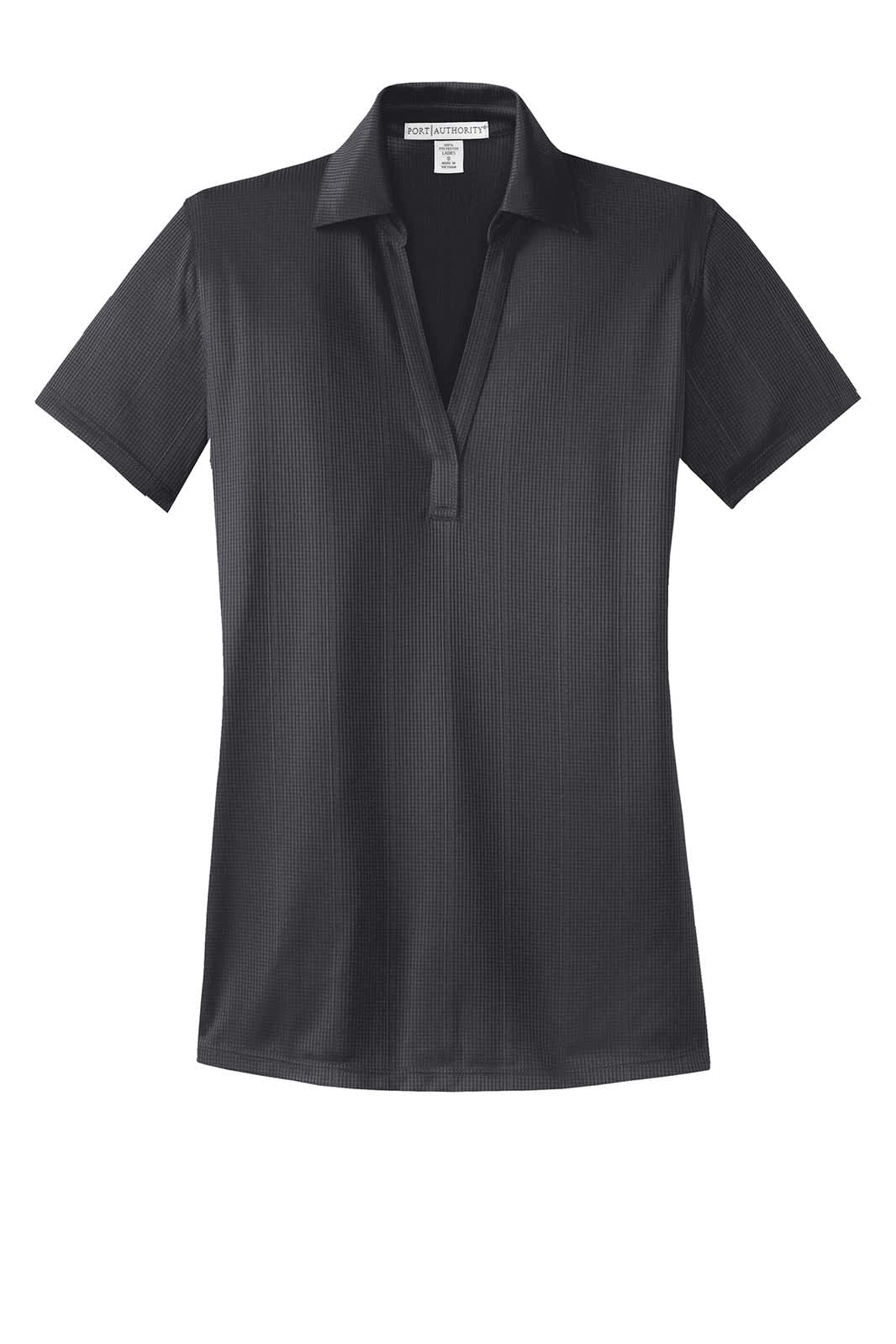 A black ladies' performance fine jacquard polo shirt with a collar and a logo.