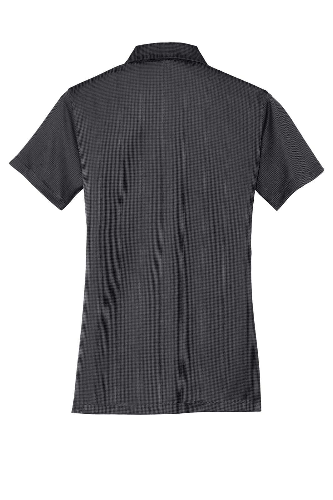 A dark grey ladies' performance polo shirt with a fine jacquard texture and a logo on the back.