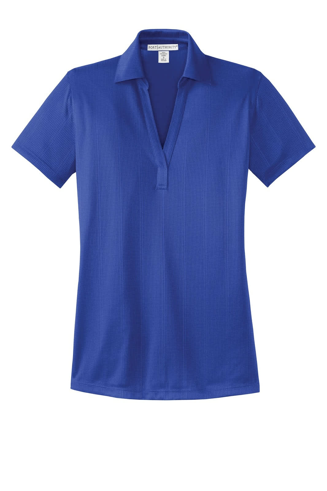 A blue ladies' polo shirt featuring a fine jacquard texture and a logo on the collar.