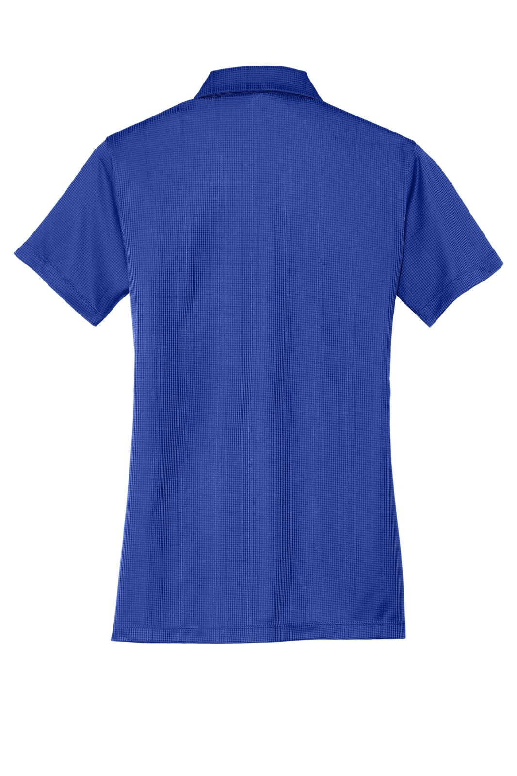 A blue ladies' polo shirt featuring a fine jacquard texture and a collar. The shirt has a logo on it.