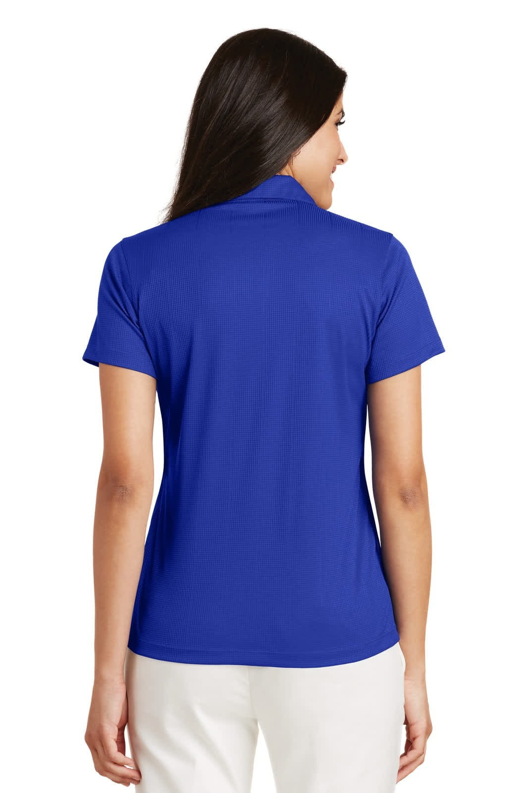 A blue ladies' performance polo shirt featuring a classic collar and a logo on the back.