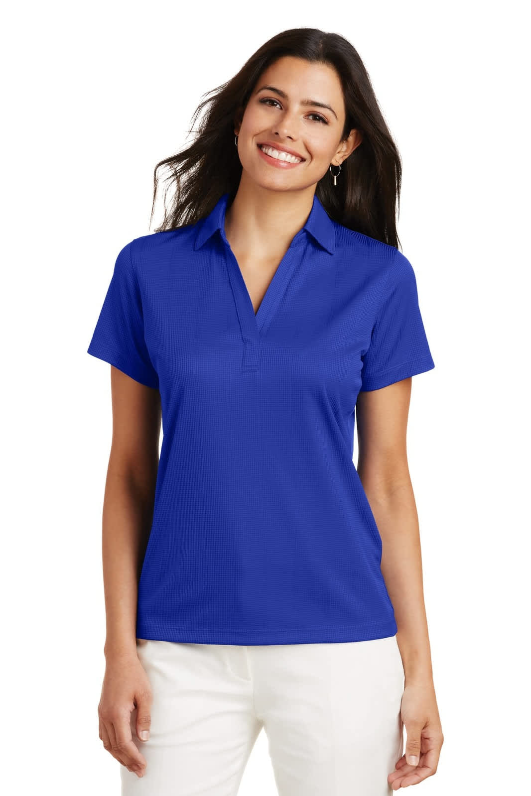 A blue ladies' polo shirt with a collar, short sleeves, and a logo on the chest.