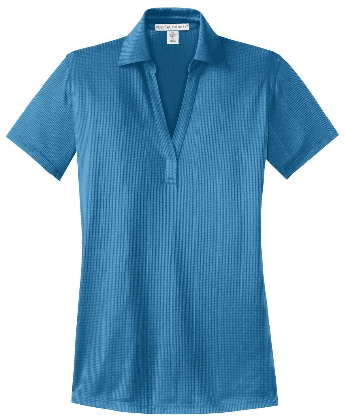 A blue ladies' performance fine jacquard polo shirt with a collar and short sleeves, featuring a logo.