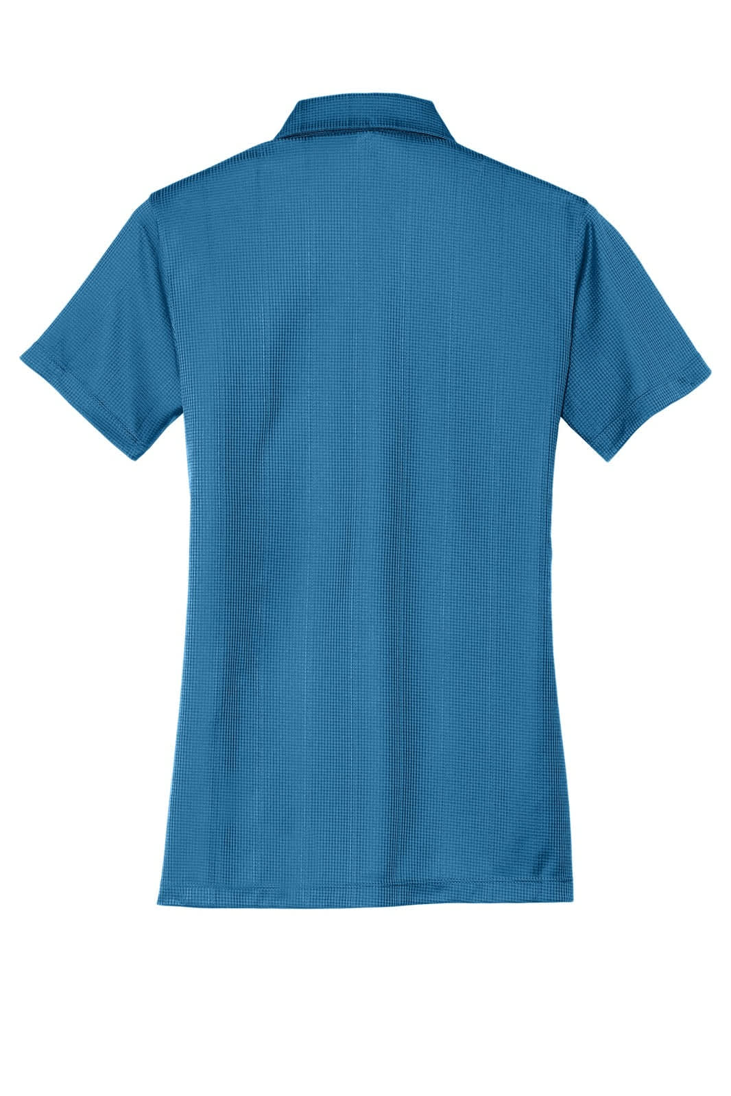A blue ladies polo shirt made with performance fine jacquard fabric, featuring a collar and a logo.