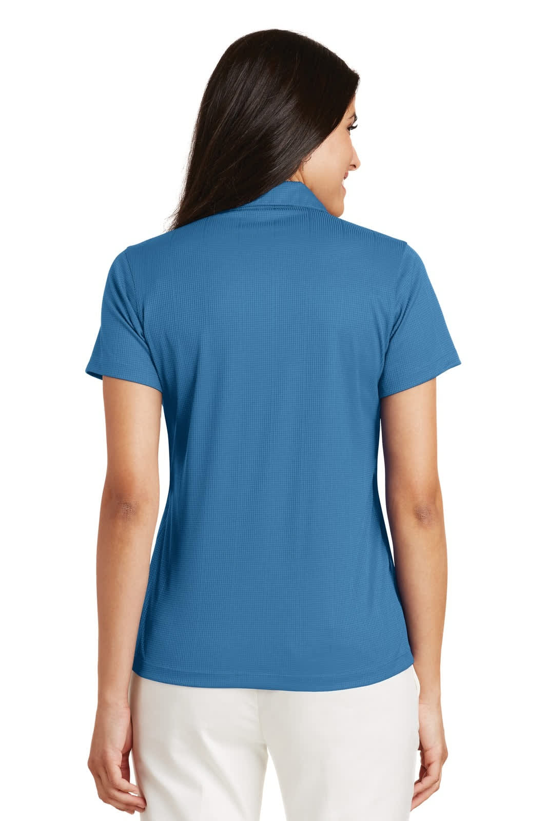 A ladies' performance fine jacquard polo in blue, featuring a back view with short sleeves. Includes a logo.