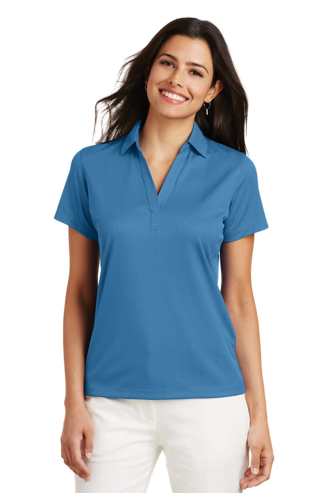 A blue polo shirt featuring a collar and short sleeves, worn by a woman with long hair. It has a logo.