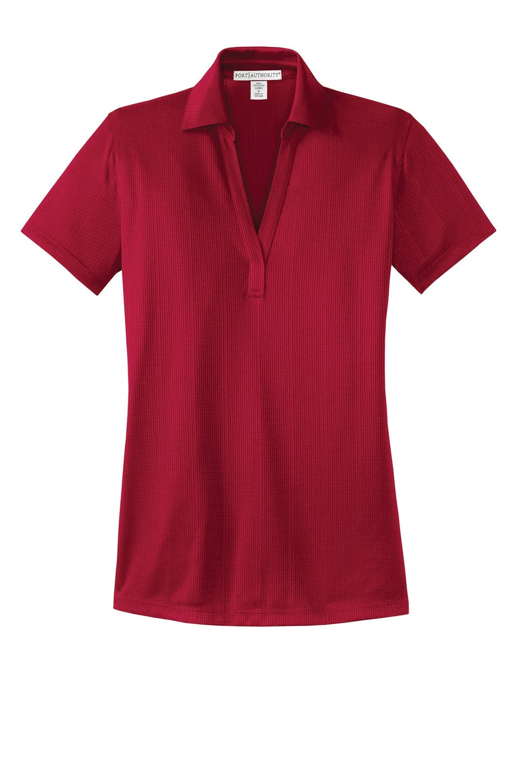 A red polo shirt with a fine jacquard texture and a collared neckline. It features a logo on the chest.