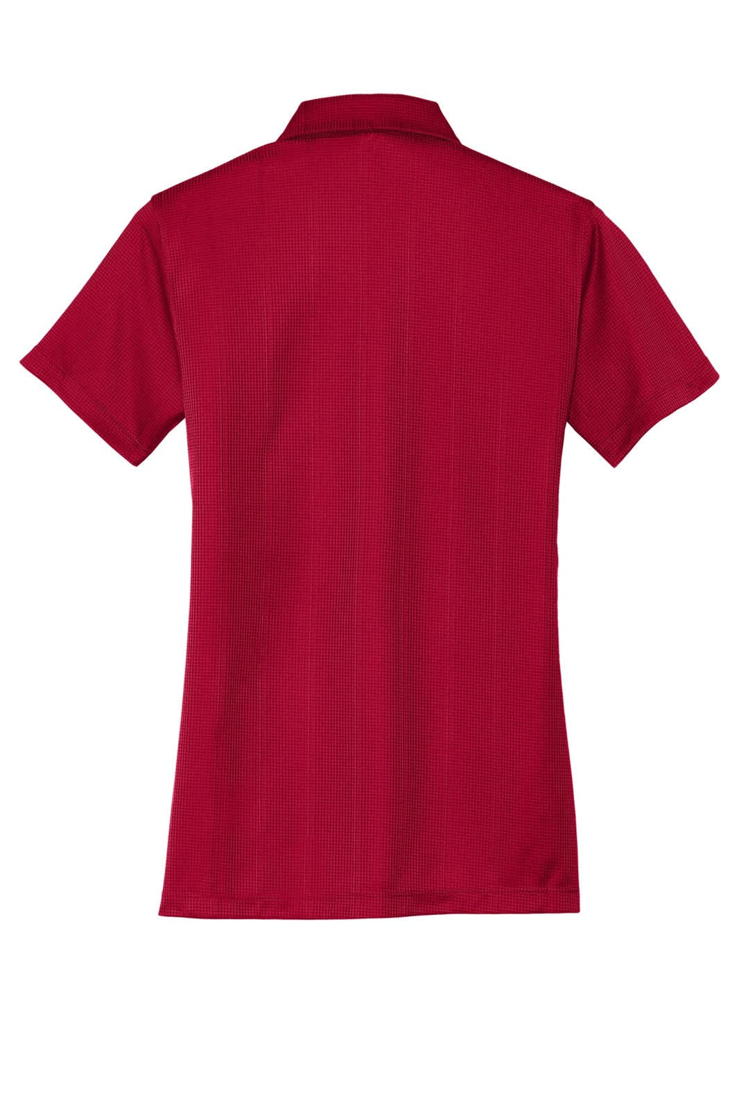 A red ladies polo shirt with a fine jacquard pattern and a collar, featuring a logo on the front.