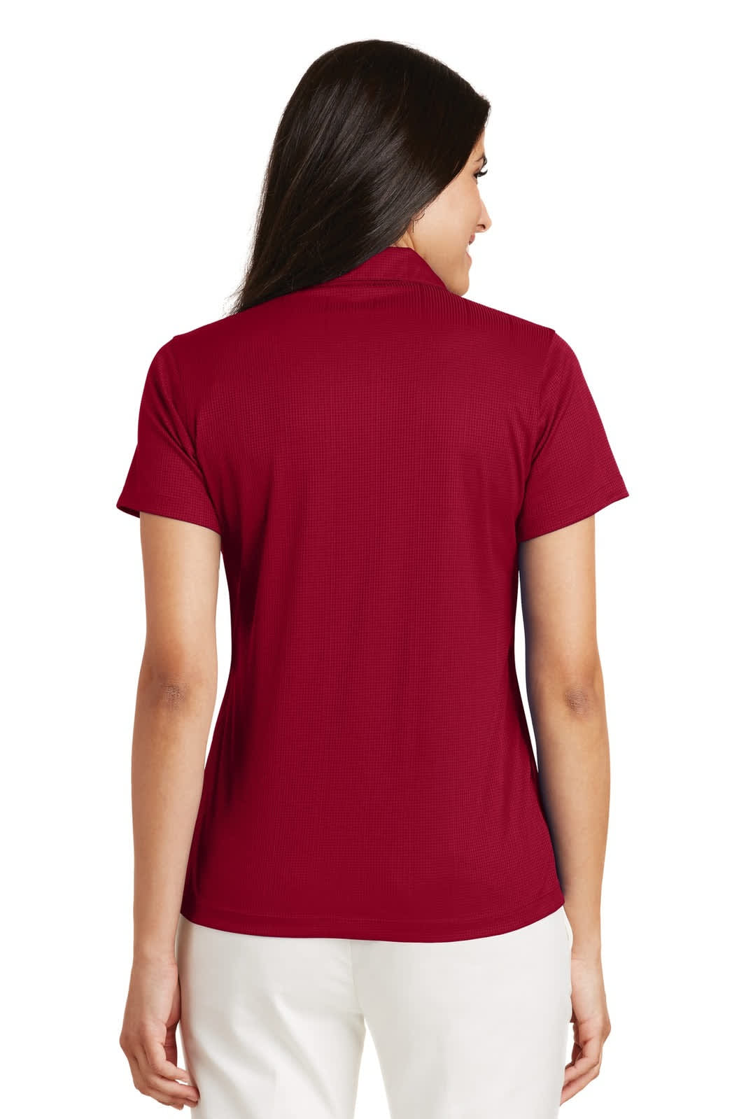 A maroon ladies' polo shirt with a fine jacquard texture, featuring a logo on the back.