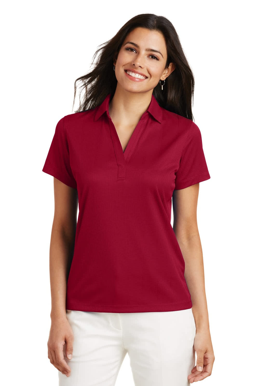 A red women's polo shirt with a collared neckline, featuring short sleeves and a subtle logo.