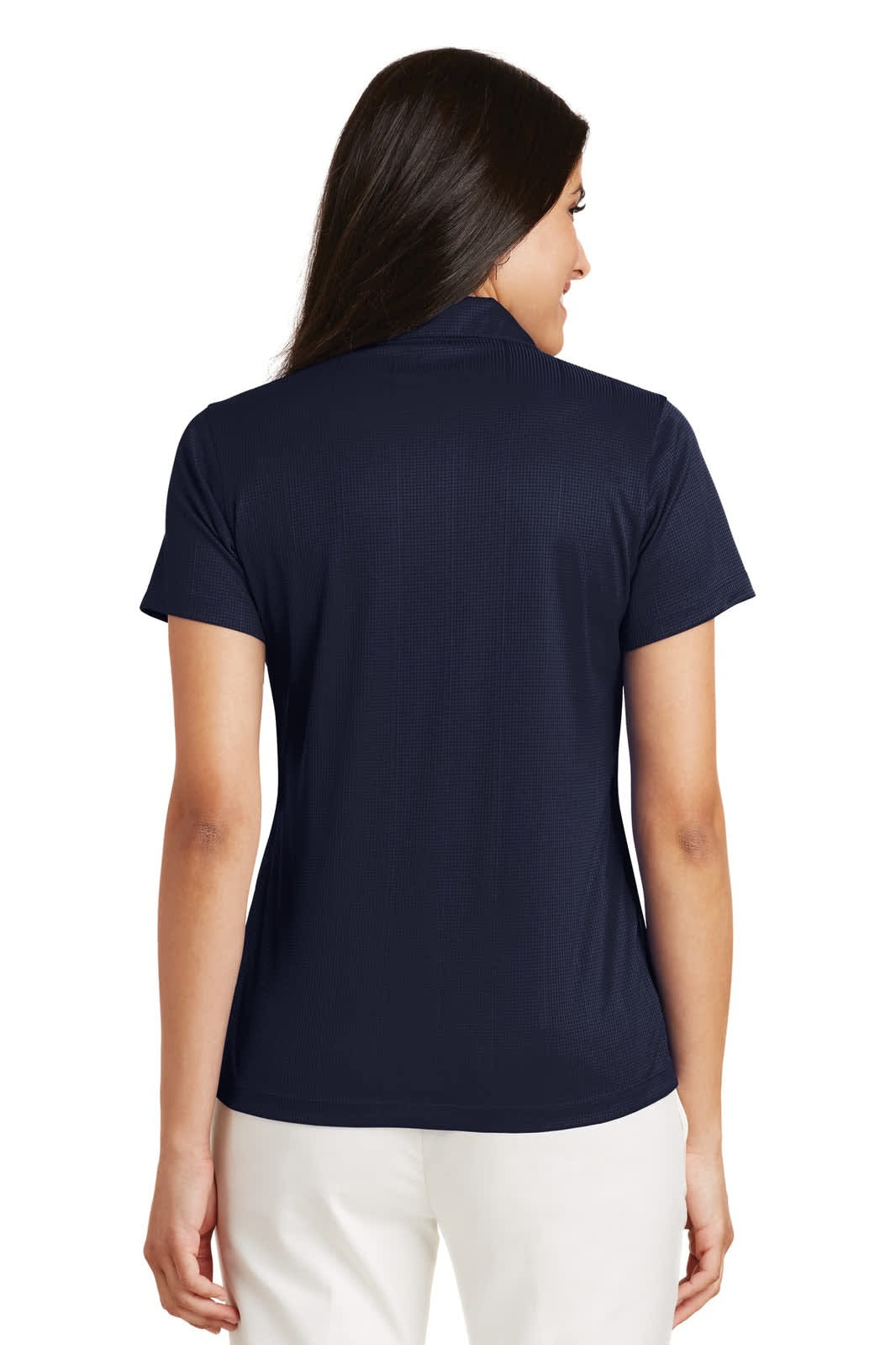 A navy ladies' polo shirt featuring a fine jacquard texture and a slight collar, with a logo on the back.