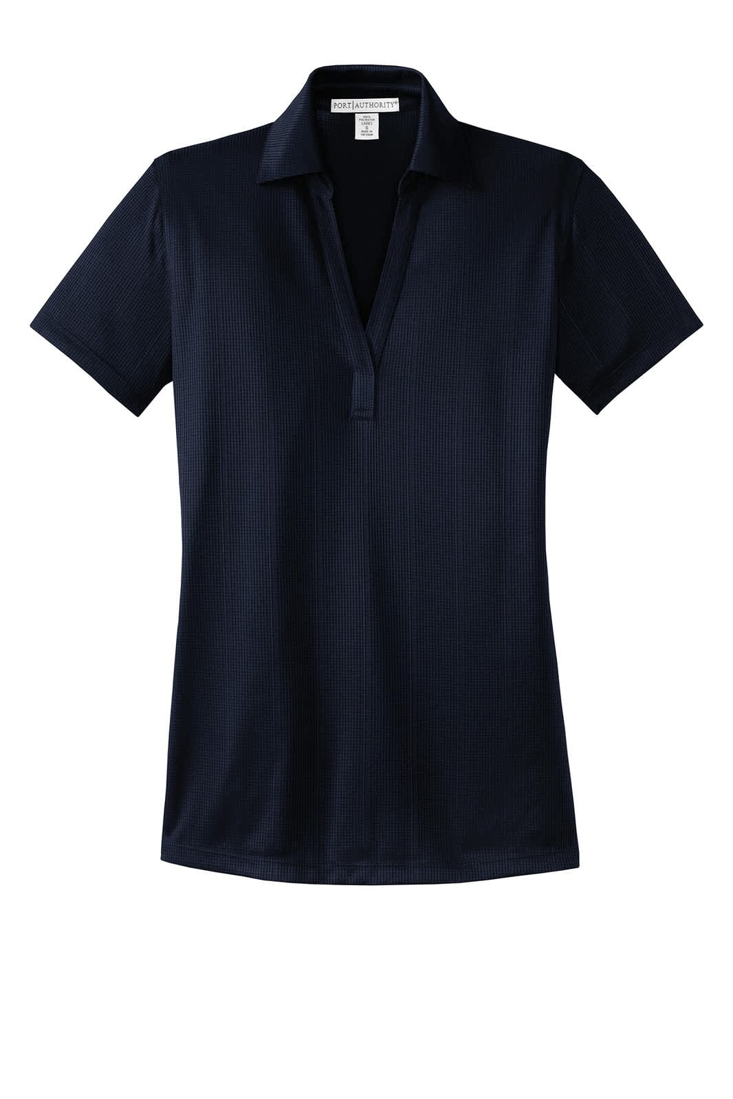 A navy blue ladies polo shirt featuring a fine jacquard texture and a collar, with a logo present.