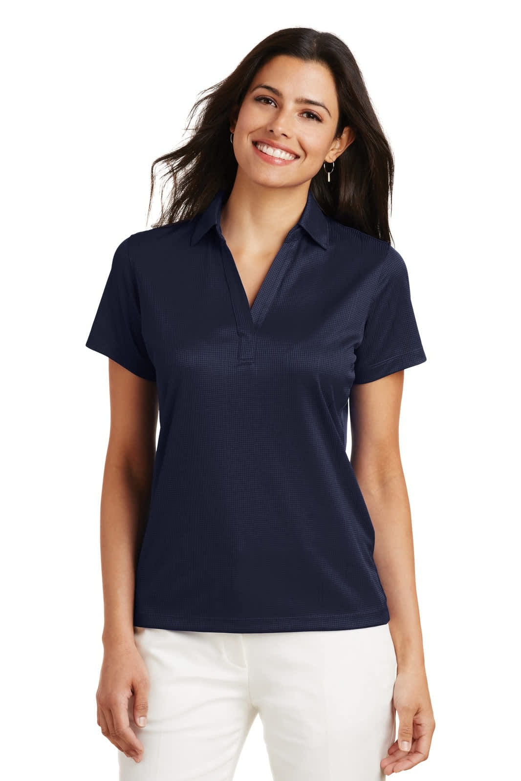 A navy polo shirt is displayed on a model with short sleeves and a classic collar, featuring a logo.