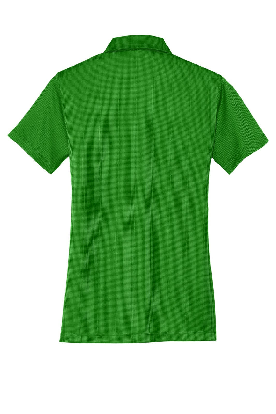 A green performance fine jacquard polo shirt with a collar and a logo on the back.