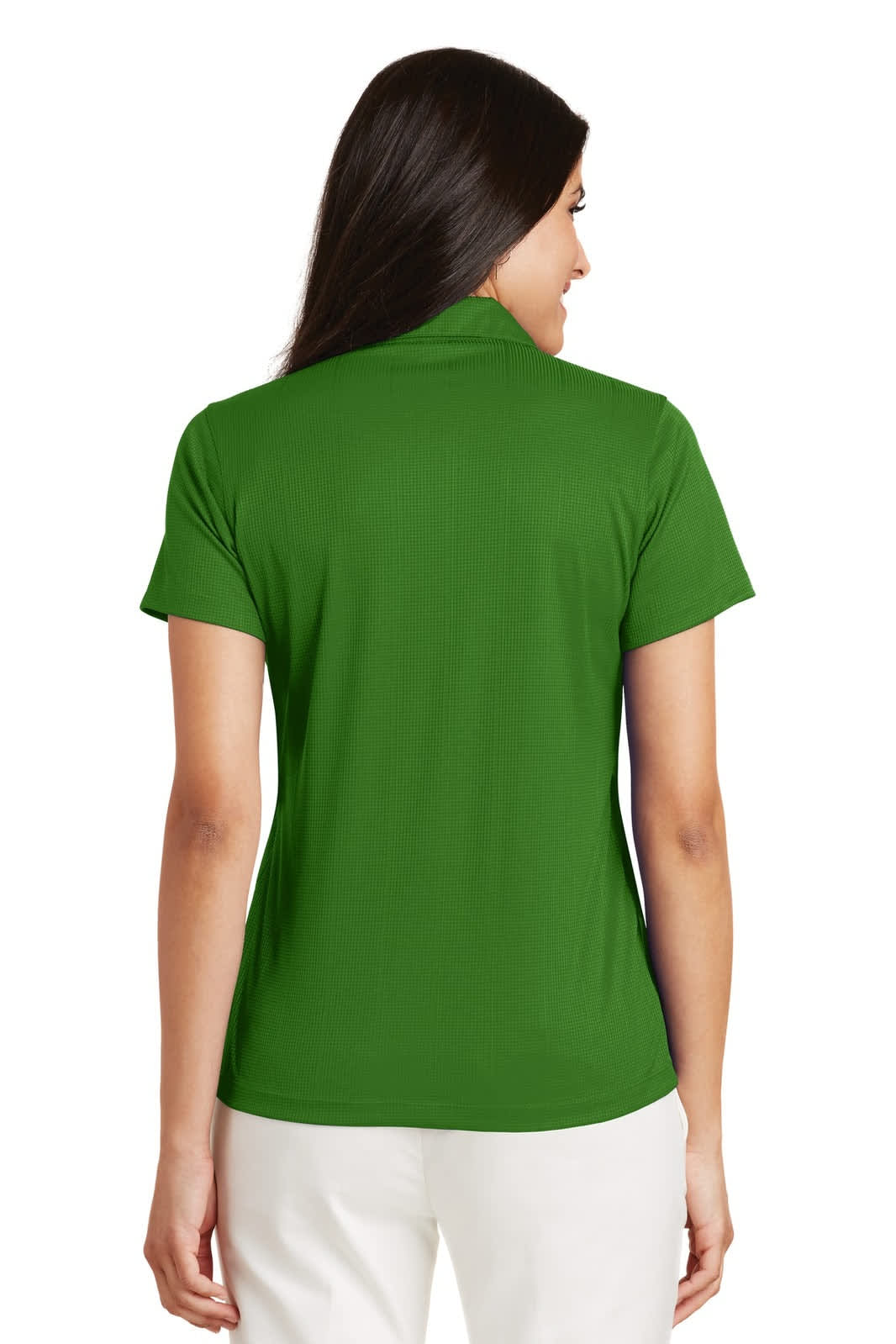 A green women's polo shirt with short sleeves and a collar, featuring a logo on the back.