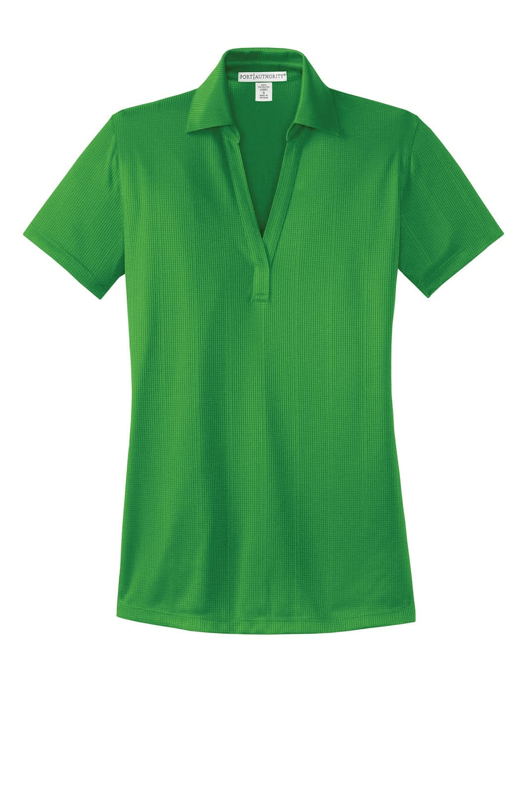 A green Port Authority ladies' performance fine jacquard polo shirt featuring a collar and short sleeves.