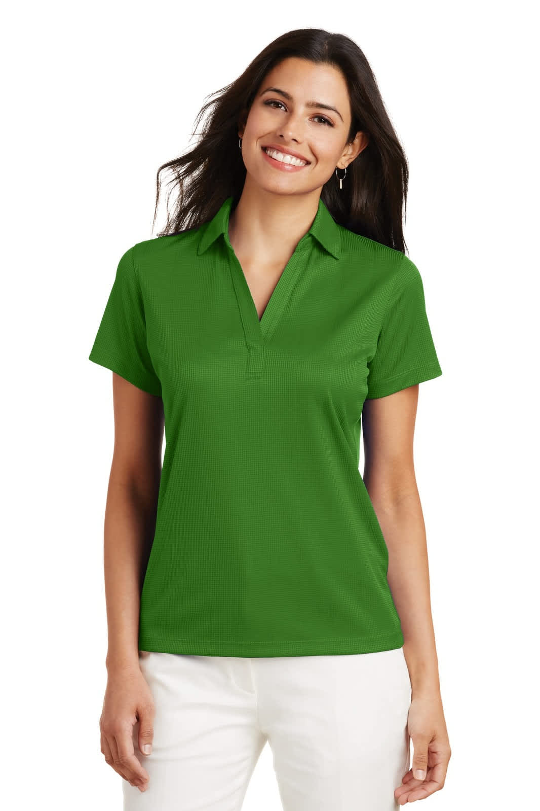 A green ladies' polo shirt with a collar and short sleeves, featuring a logo on the chest.