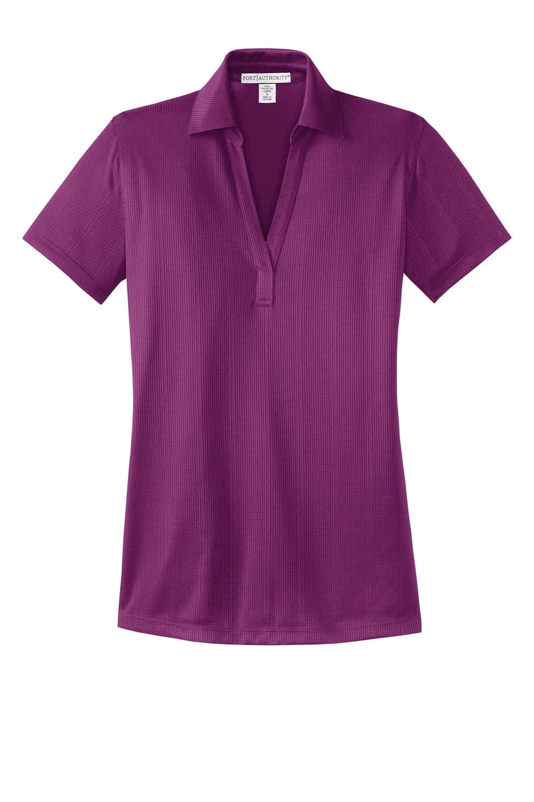A purple ladies' polo shirt featuring a fine jacquard texture and a branded logo at the collar.