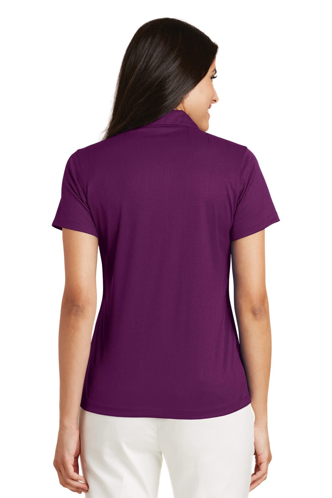 A back view of a women's performance polo shirt in purple, featuring short sleeves and a fitted design.