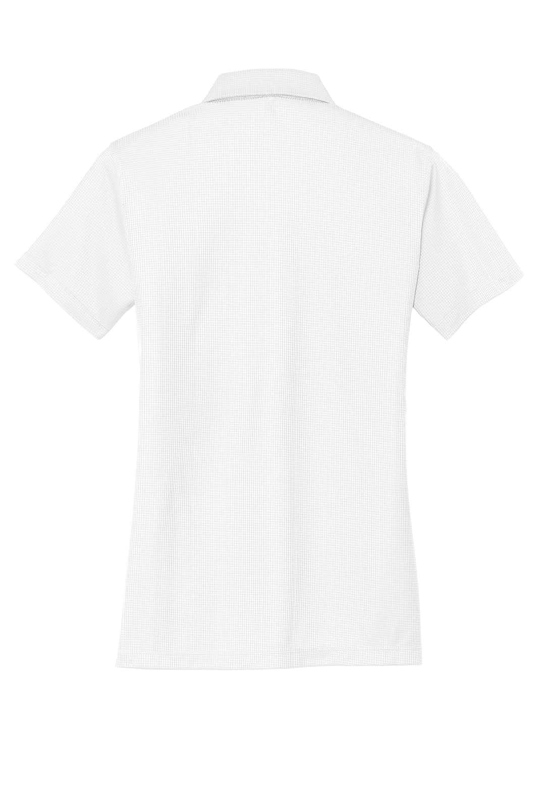 A white ladies' polo shirt featuring a fine jacquard texture and a collar, with a discreet logo.