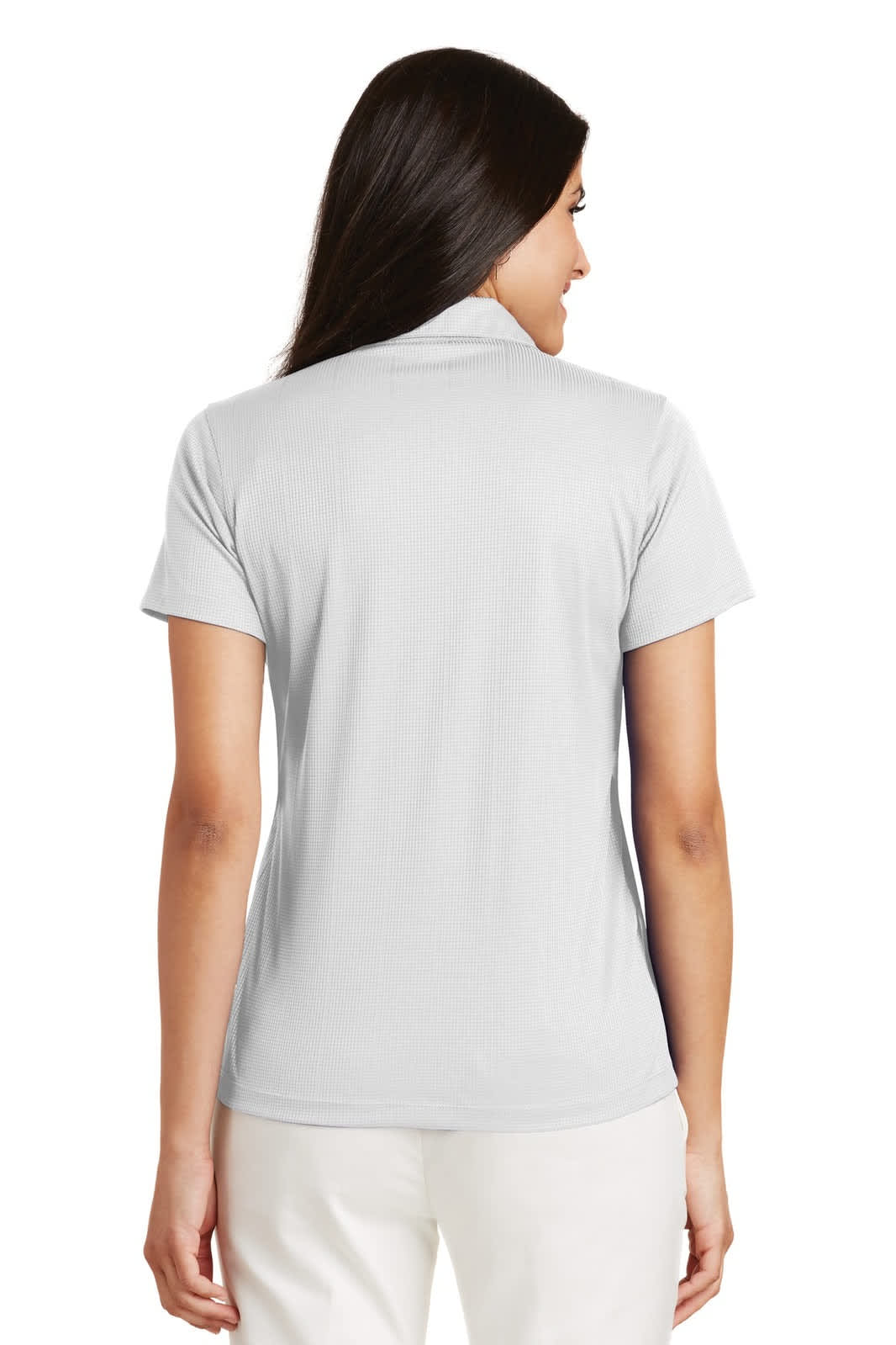 A light grey ladies' polo shirt with short sleeves and a collar, featuring a logo on the back.