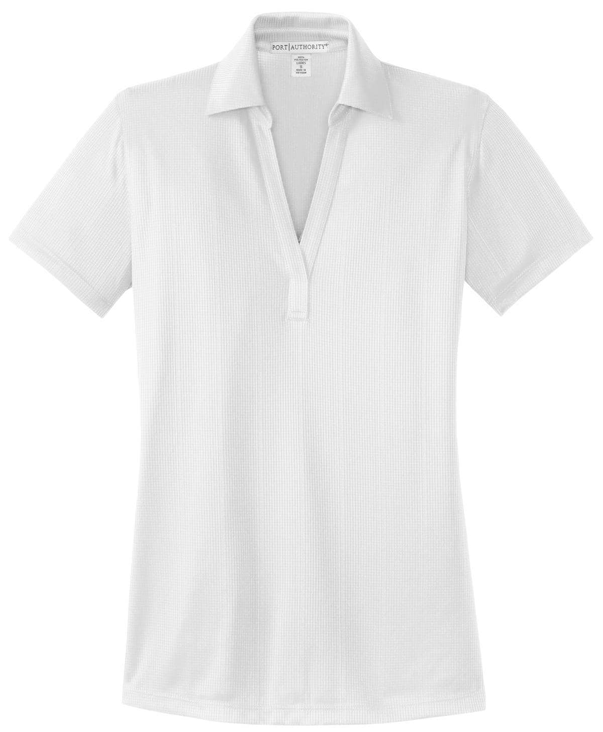 A white ladies' polo shirt featuring a fine jacquard pattern and a collar. Includes a logo on the label.