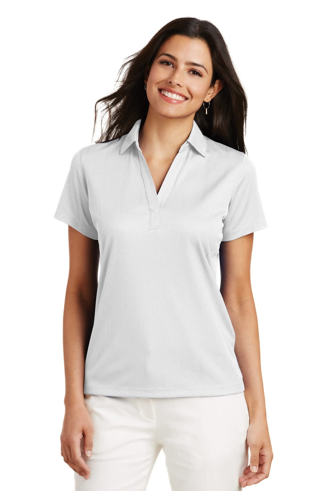 A light grey women's polo shirt with a collar and short sleeves, featuring a logo.