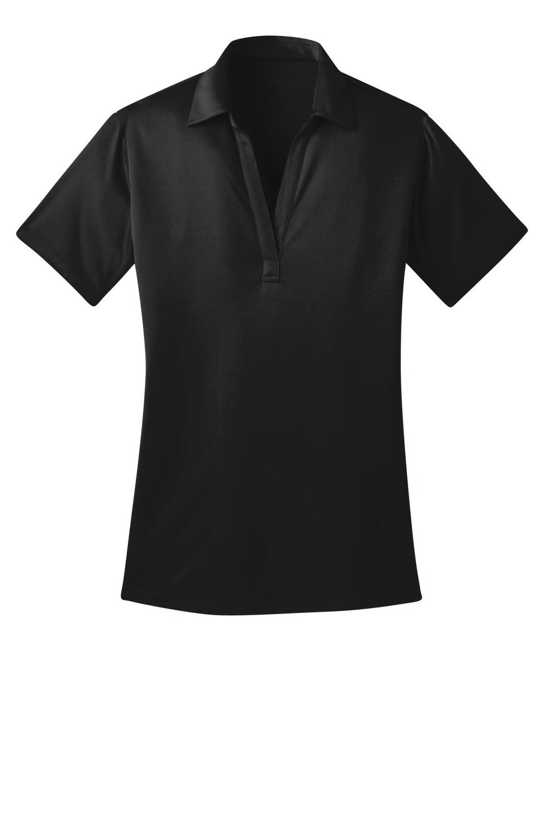 A black ladies polo shirt with a collar and short sleeves, featuring a logo.