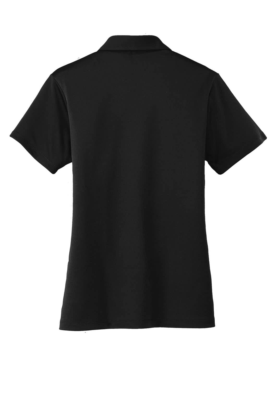 A black ladies' polo shirt with short sleeves features a collar and a logo on the back.