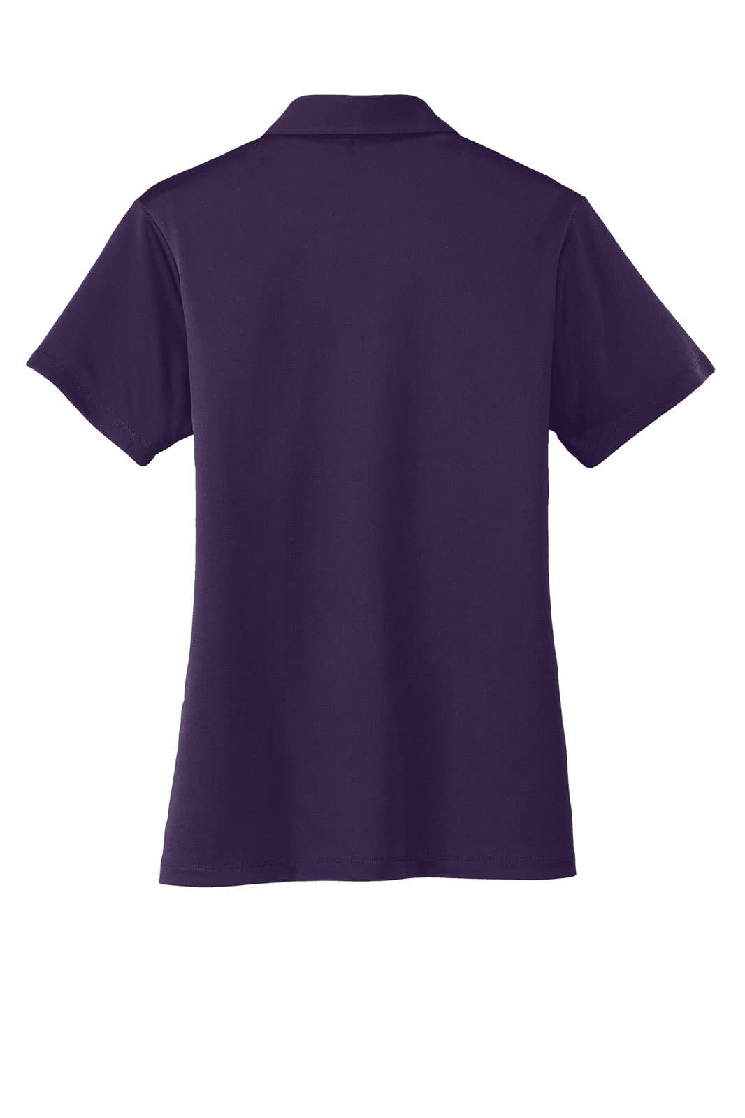 A dark purple ladies' polo shirt featuring a collar and short sleeves, with a logo on the back.