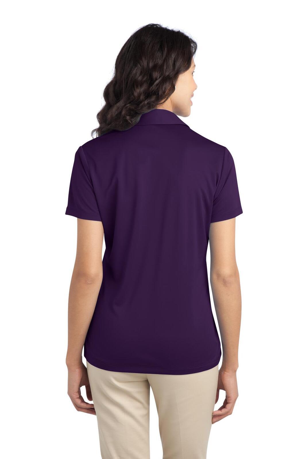 A purple ladies' polo shirt with a classic collar and short sleeves, featuring a logo on the back.