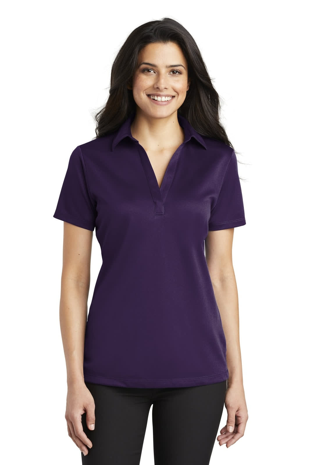 A ladies' polo shirt in purple, featuring a collar and short sleeves. It has a logo on the chest.