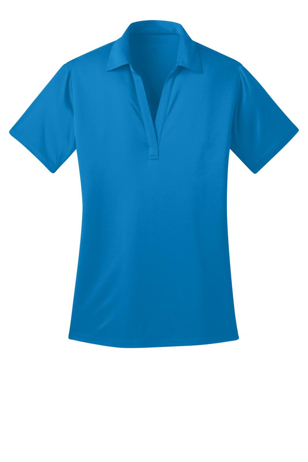 A blue women's polo shirt featuring a classic collar and short sleeves, with a logo on the front.