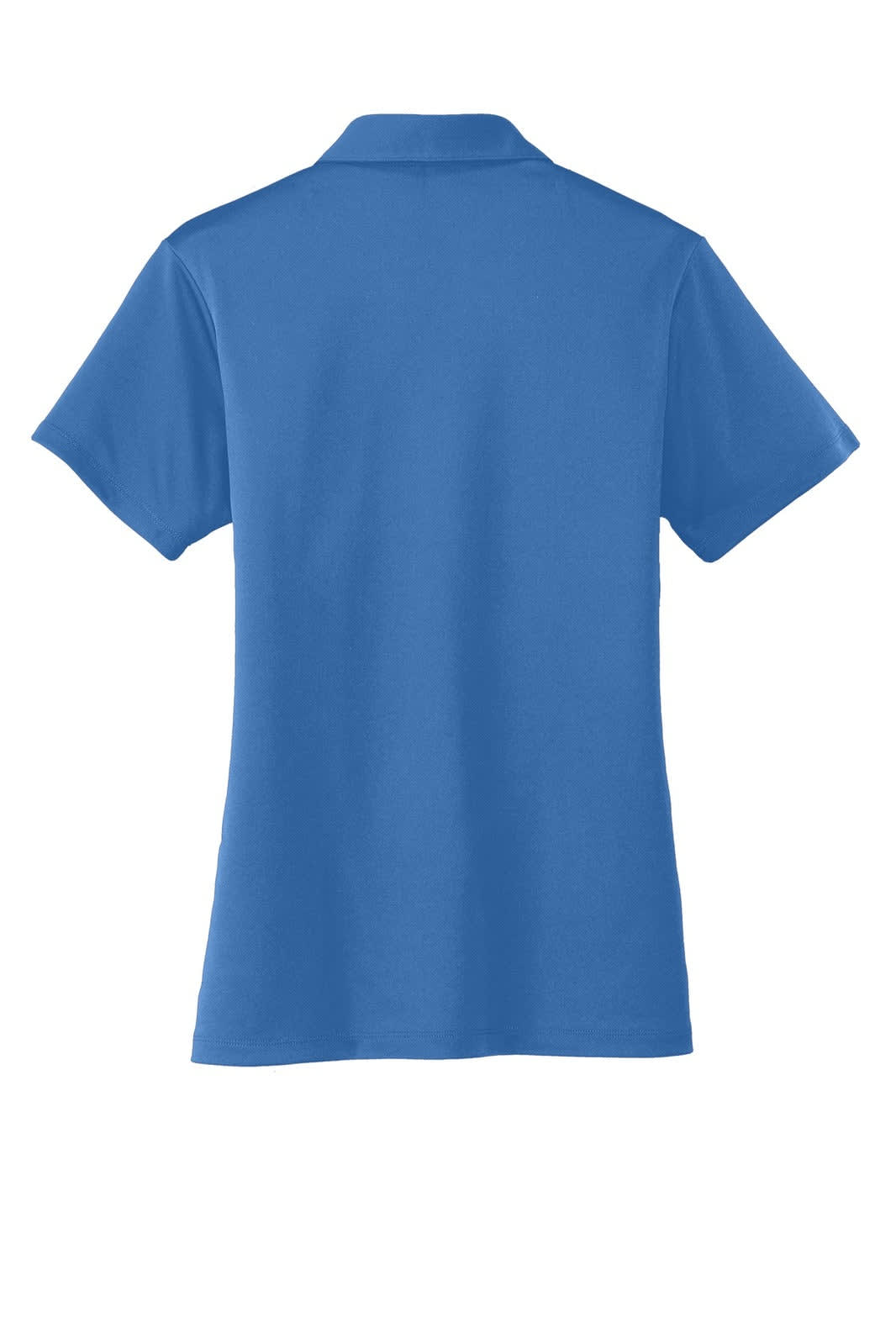 A blue polo shirt with a classic collar and short sleeves, featuring a logo on the back.