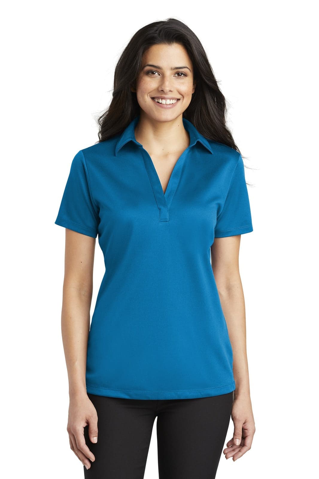 A blue ladies' polo shirt with a collar and short sleeves, featuring a logo.