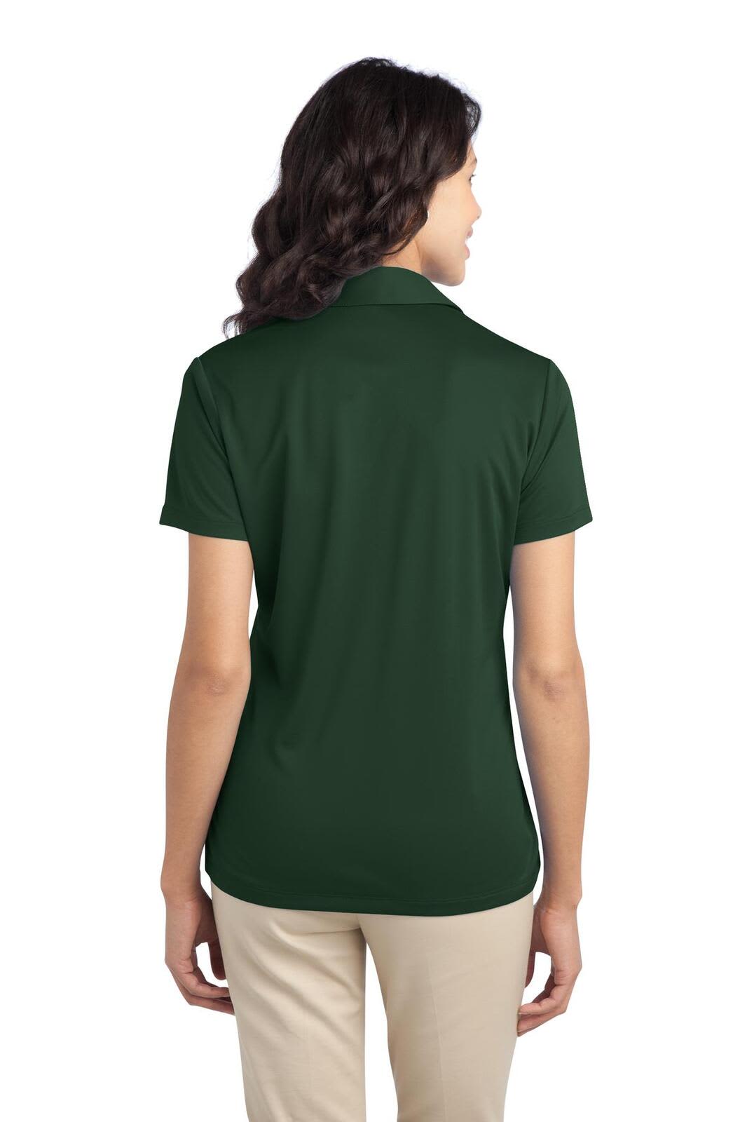 A back view of a dark green ladies' polo shirt featuring a collar and short sleeves, with a logo on the front.