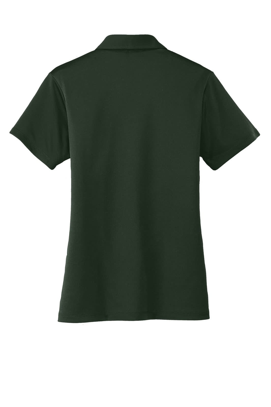 A dark green ladies' polo shirt with a collar and short sleeves, featuring a logo.