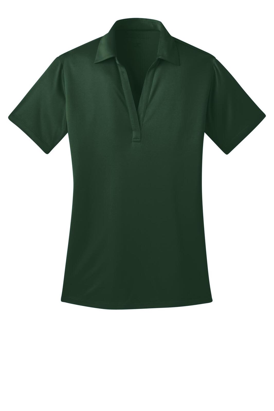 A dark green ladies' polo shirt featuring a collar and short sleeves, with a logo on the front.