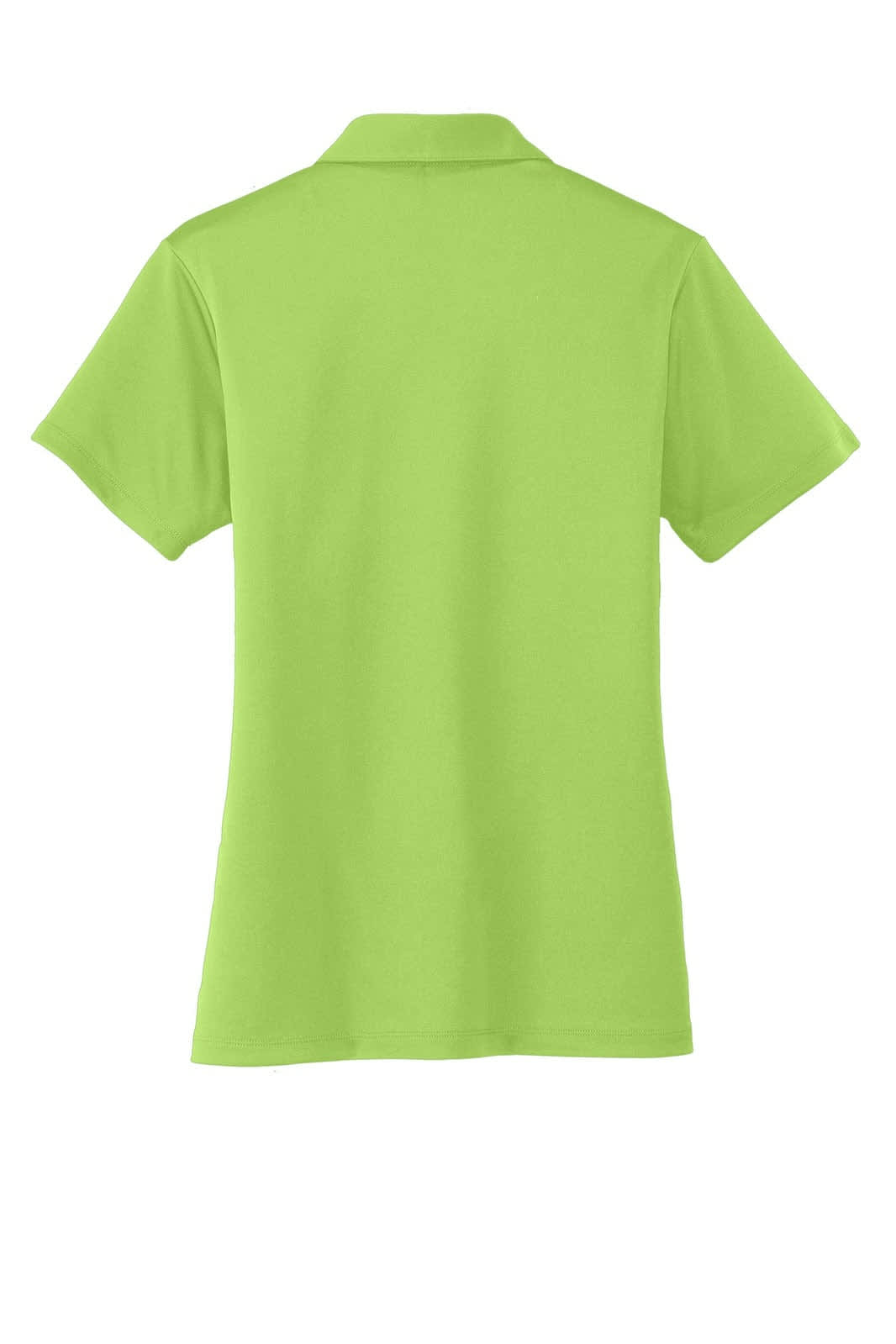 A lime green ladies' polo shirt featuring a classic collar and short sleeves, with a logo on the back.